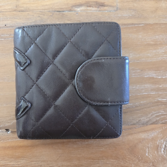 Authentic Chanel Brown Quilted Ligne Cambon Compact Bifold Wallet With COA